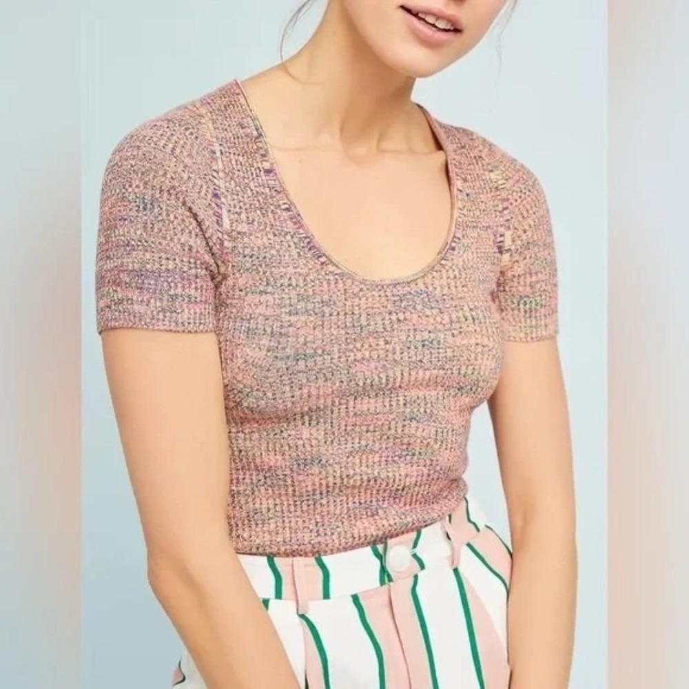 Anthropologie Moth Ribbed Top Knit Multicolor Sweater Scoop Neck LARGE Spacedyed
